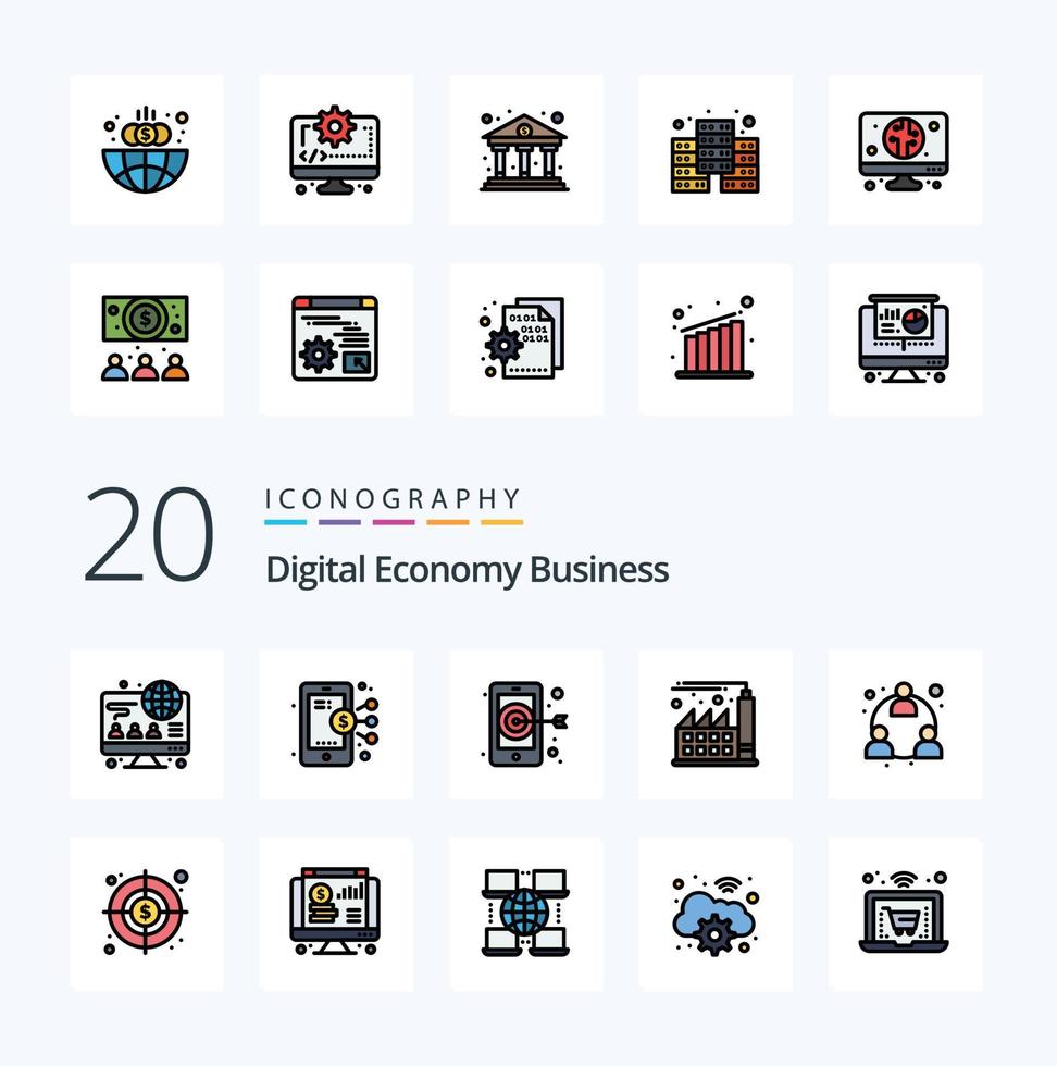 20 Digital Economy Business Line Filled Color icon Pack like business mlm target marketing economy vector