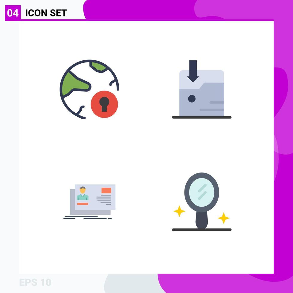 4 Universal Flat Icons Set for Web and Mobile Applications global user padlock download card Editable Vector Design Elements