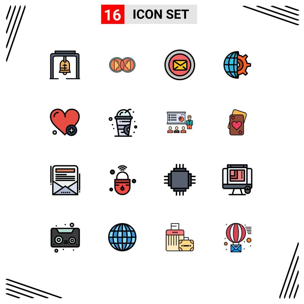 16 Universal Flat Color Filled Lines Set for Web and Mobile Applications business globe man gear text message Editable Creative Vector Design Elements