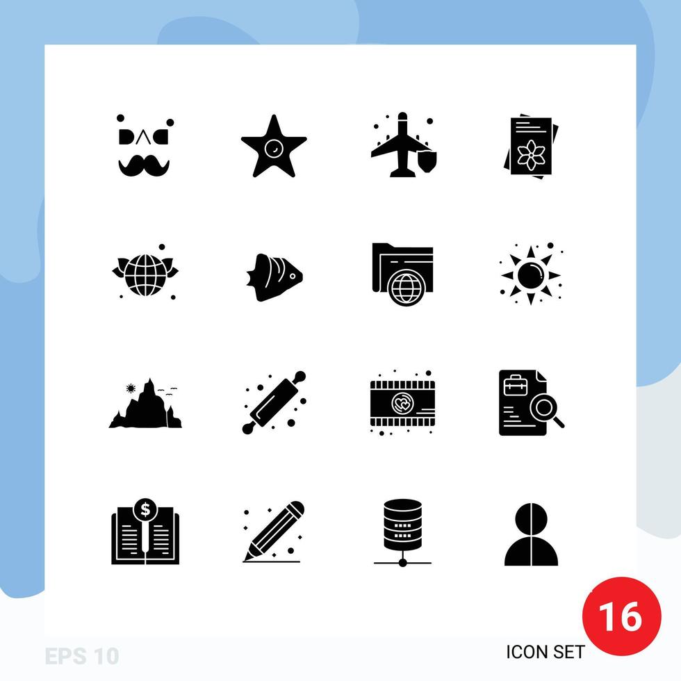 Pack of 16 creative Solid Glyphs of globe spring fly flower seeds Editable Vector Design Elements