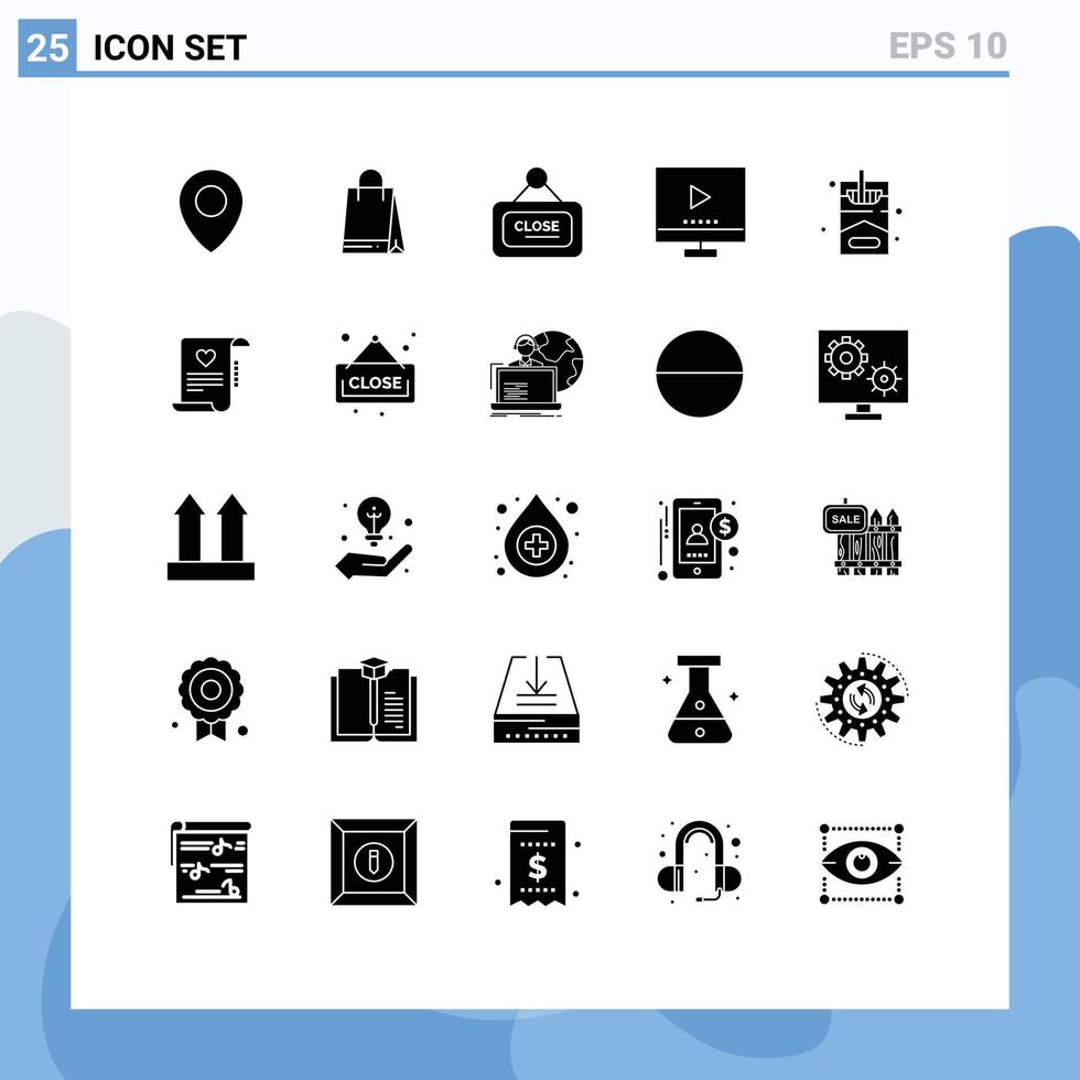 Set of 25 Vector Solid Glyphs on Grid for hobby smoke sign video technology Editable Vector Design Elements