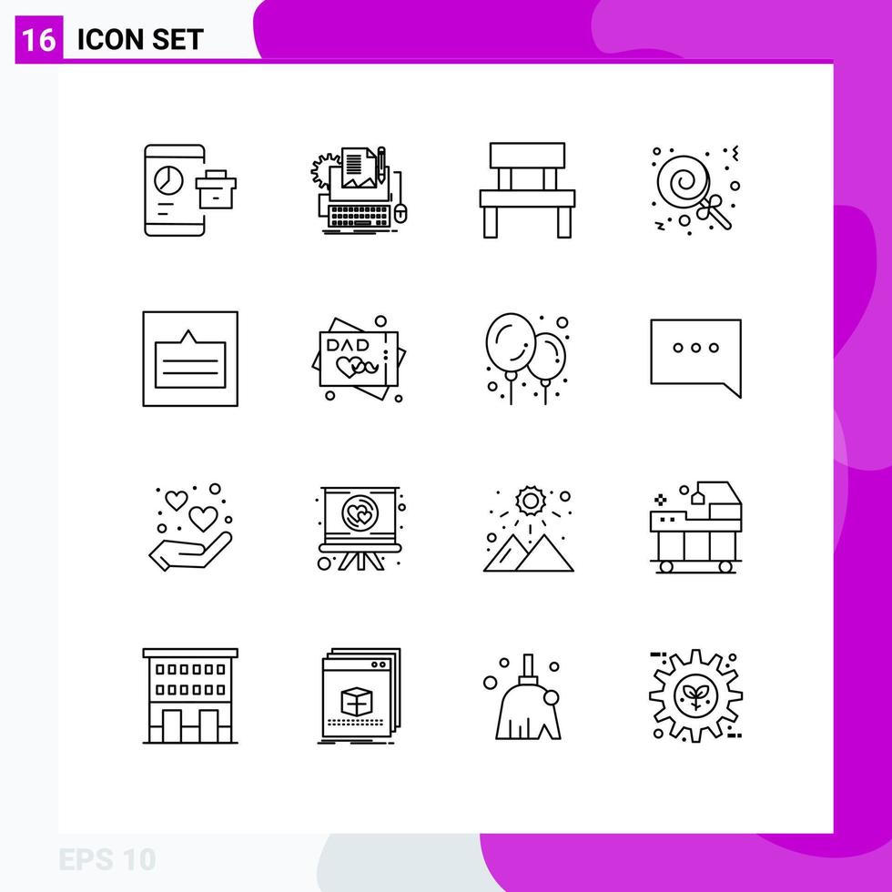 Pack of 16 Modern Outlines Signs and Symbols for Web Print Media such as sweets candies paper park garden Editable Vector Design Elements