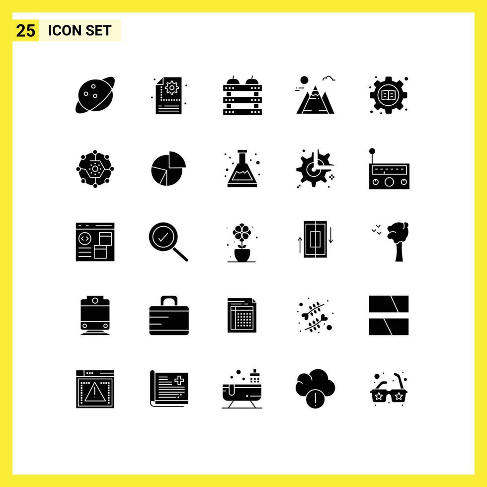 Modern Set of 25 Solid Glyphs and symbols such as setting education crate sun landscape Editable Vector Design Elements