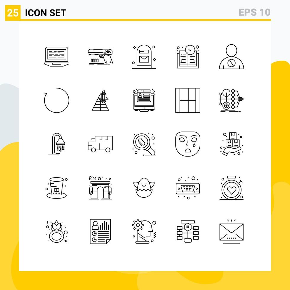 Pack of 25 Modern Lines Signs and Symbols for Web Print Media such as avatar education time shooter book time office Editable Vector Design Elements
