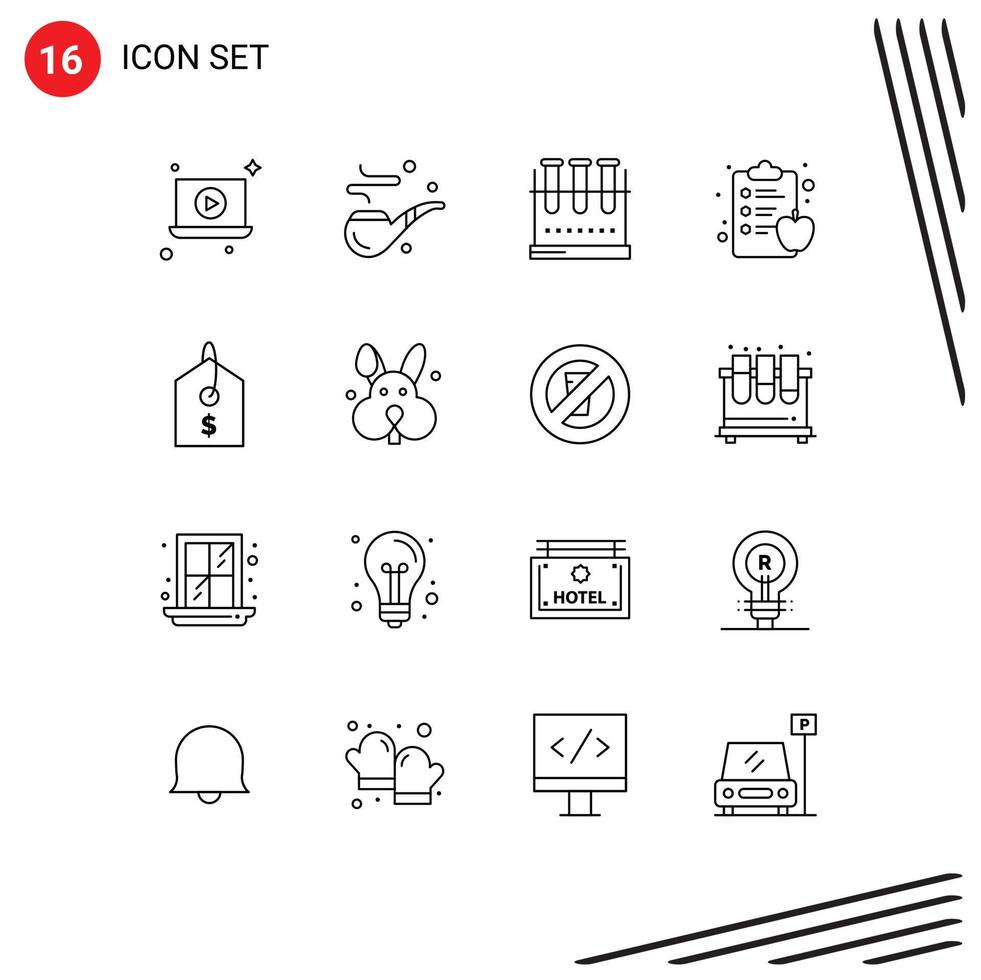 Set of 16 Modern UI Icons Symbols Signs for tag price erlenmeyer flask health clipboard apple Editable Vector Design Elements