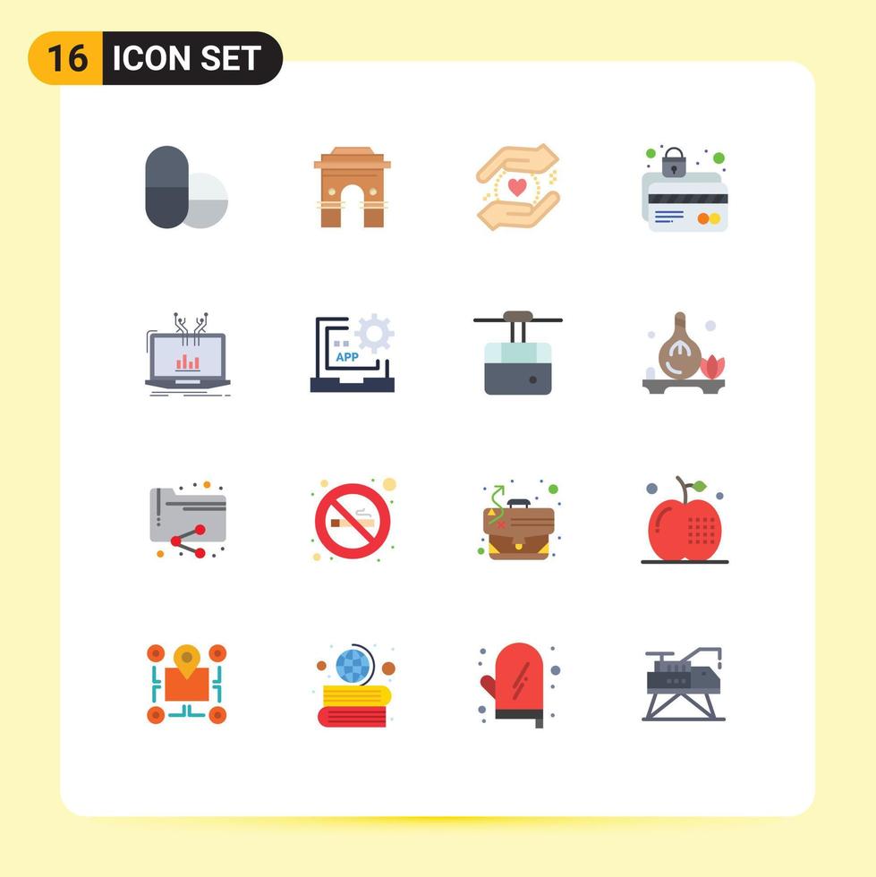 grupo de 16 signos y símbolos de colores planos para el análisis tarjeta de seguridad de la tarjeta del templo de bloqueo paquete editable de elementos de diseño de vectores creativos