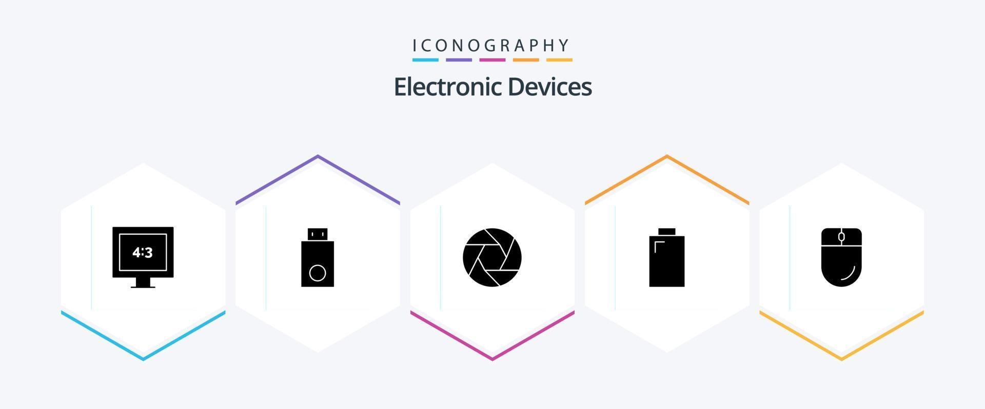 Devices 25 Glyph icon pack including electronic. cursor. aperture. power. battery vector