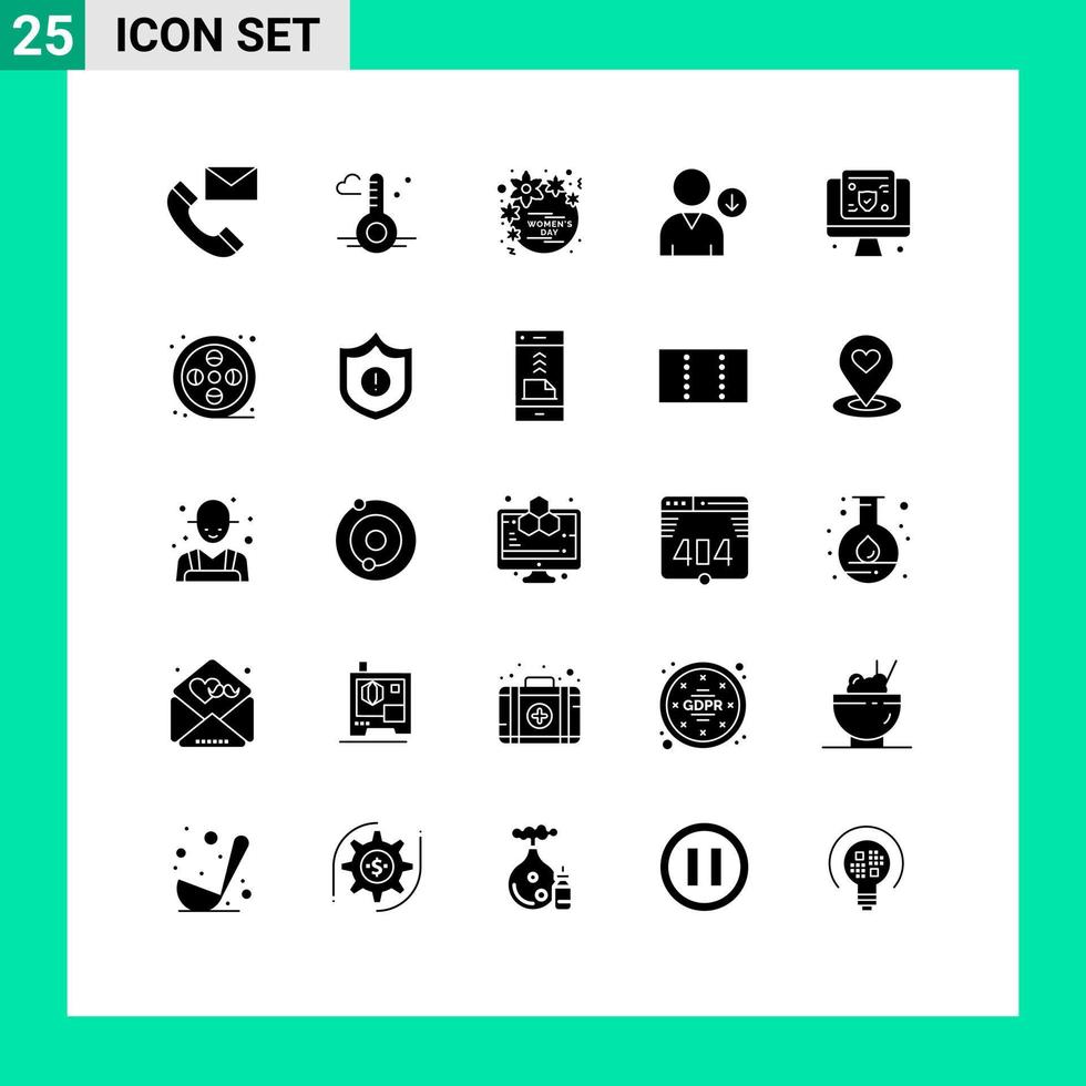 Universal Icon Symbols Group of 25 Modern Solid Glyphs of computer next spring down women Editable Vector Design Elements