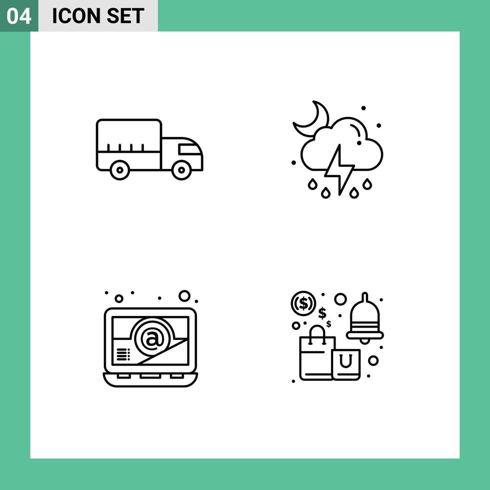 Pack of 4 Modern Filledline Flat Colors Signs and Symbols for Web Print Media such as delivery email truck moon alert Editable Vector Design Elements