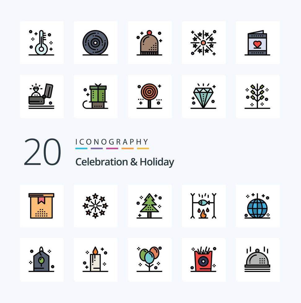 Paquete de iconos de color relleno de línea de vacaciones de celebración 20 como celebración de verano árbol de vacaciones de celebración vector