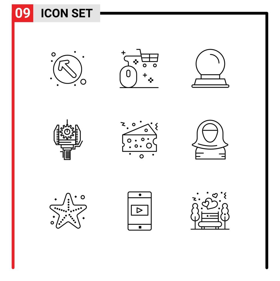 Editable Vector Line Pack of 9 Simple Outlines of cake production shopping machine automation Editable Vector Design Elements