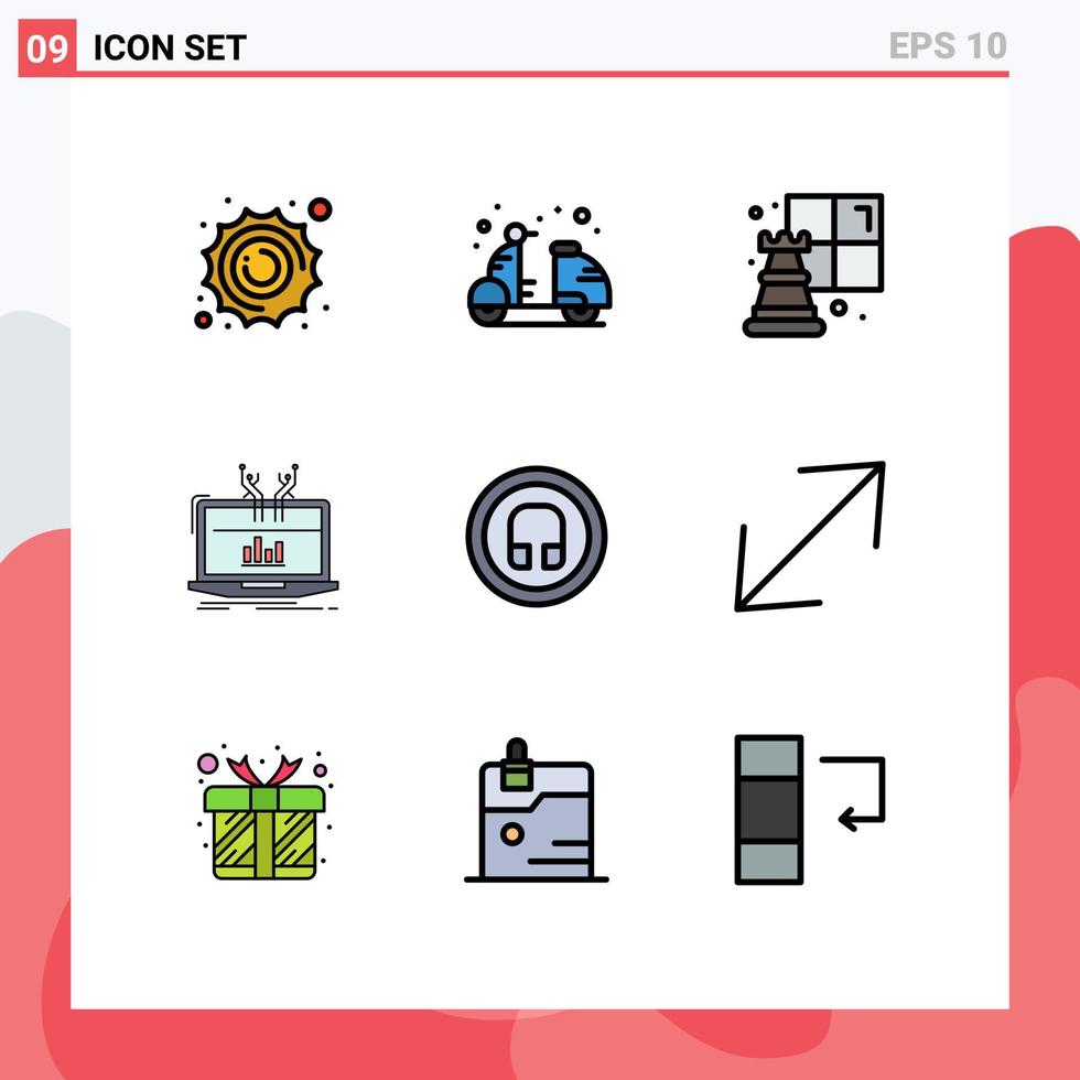 Pack of 9 Modern Filledline Flat Colors Signs and Symbols for Web Print Media such as earphone online summer management analysis Editable Vector Design Elements