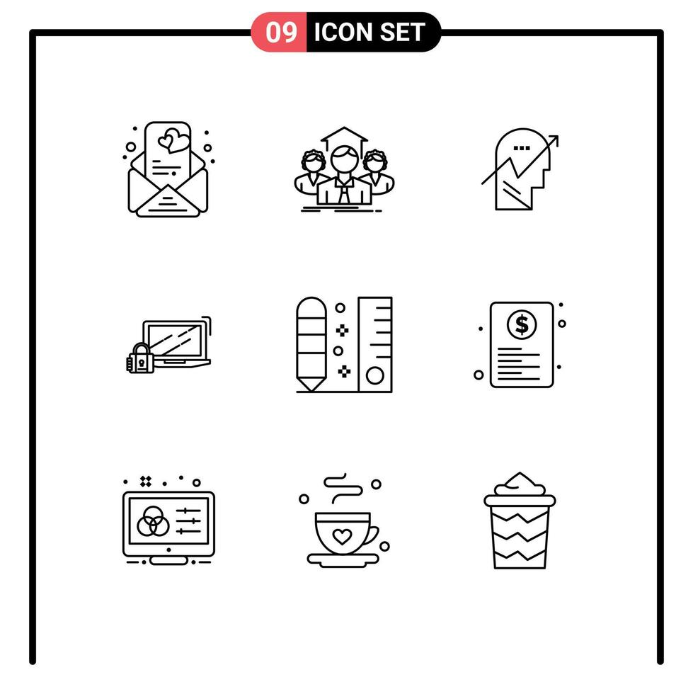 Group of 9 Outlines Signs and Symbols for login security arrow padlock mind Editable Vector Design Elements