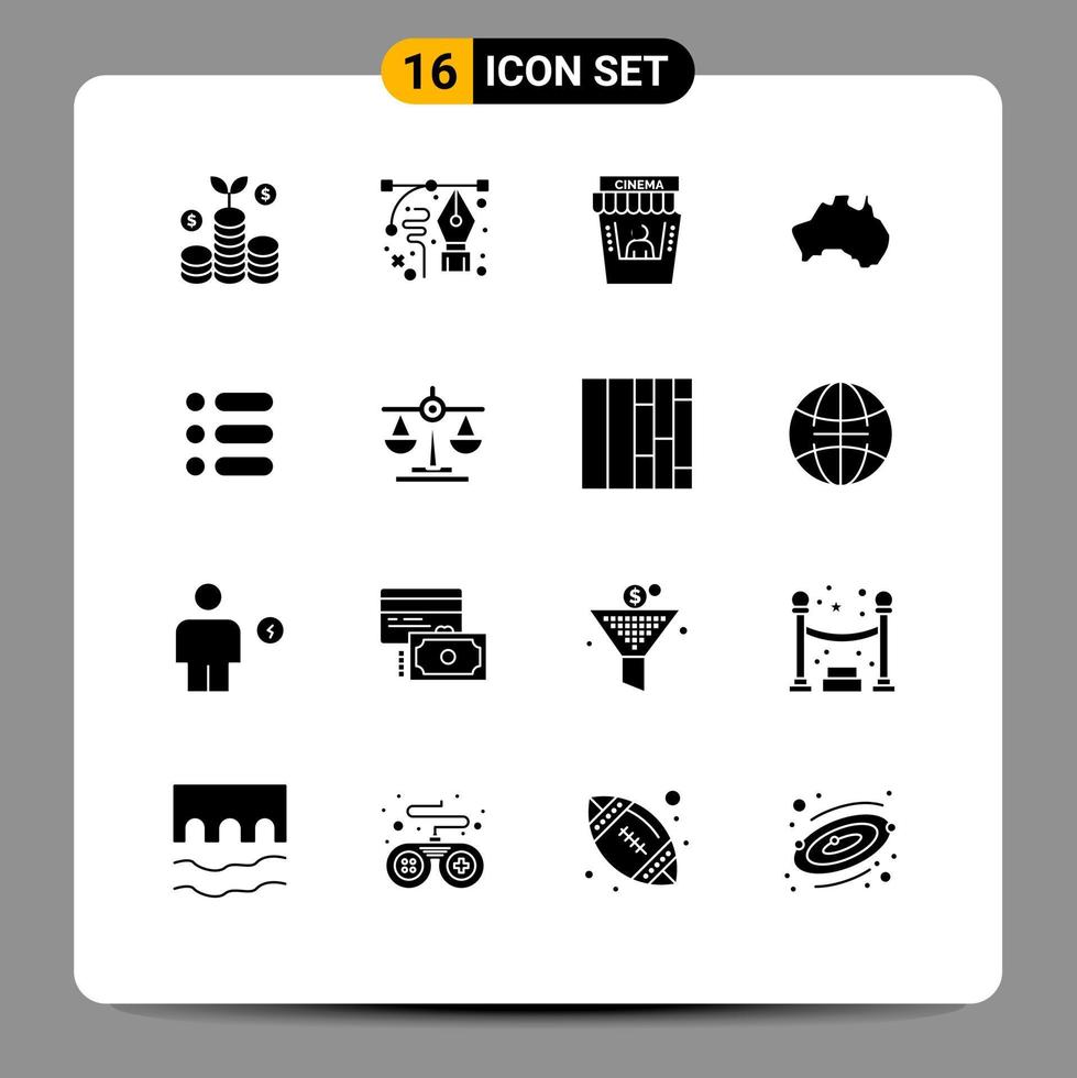 16 Solid Glyph concept for Websites Mobile and Apps list map cinema location australian Editable Vector Design Elements