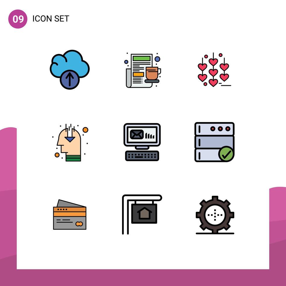 Mobile Interface Filledline Flat Color Set of 9 Pictograms of message envelope love email opinion Editable Vector Design Elements