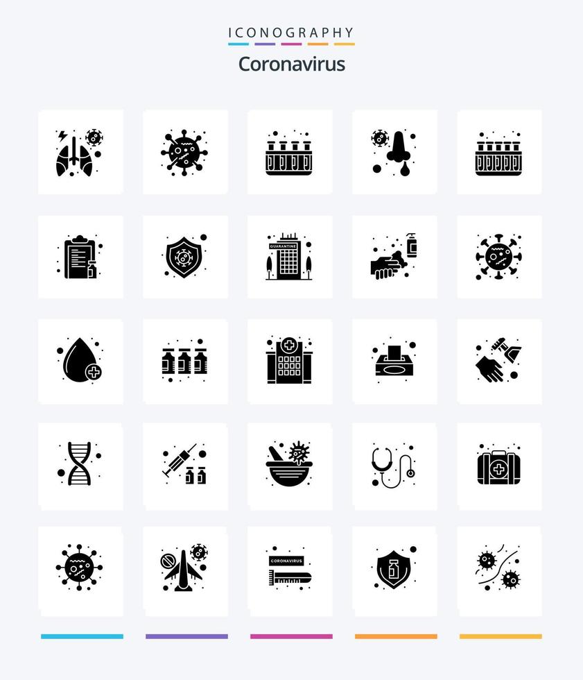 coronavirus creativo paquete de iconos negros sólidos de 25 glifos, como tubos. química. prueba de laboratorio. líquido. frío vector