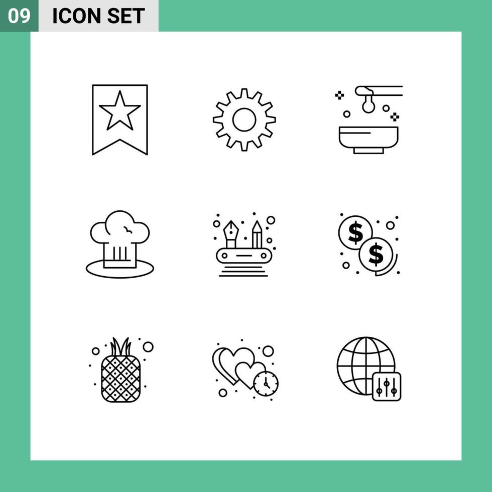 Pictogram Set of 9 Simple Outlines of competencies restaurant oil cook chef Editable Vector Design Elements