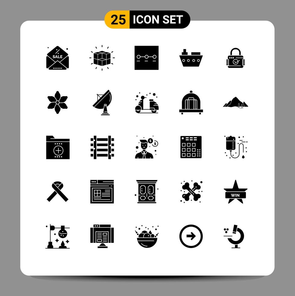 25 User Interface Solid Glyph Pack of modern Signs and Symbols of security lock layout vehicles marine Editable Vector Design Elements