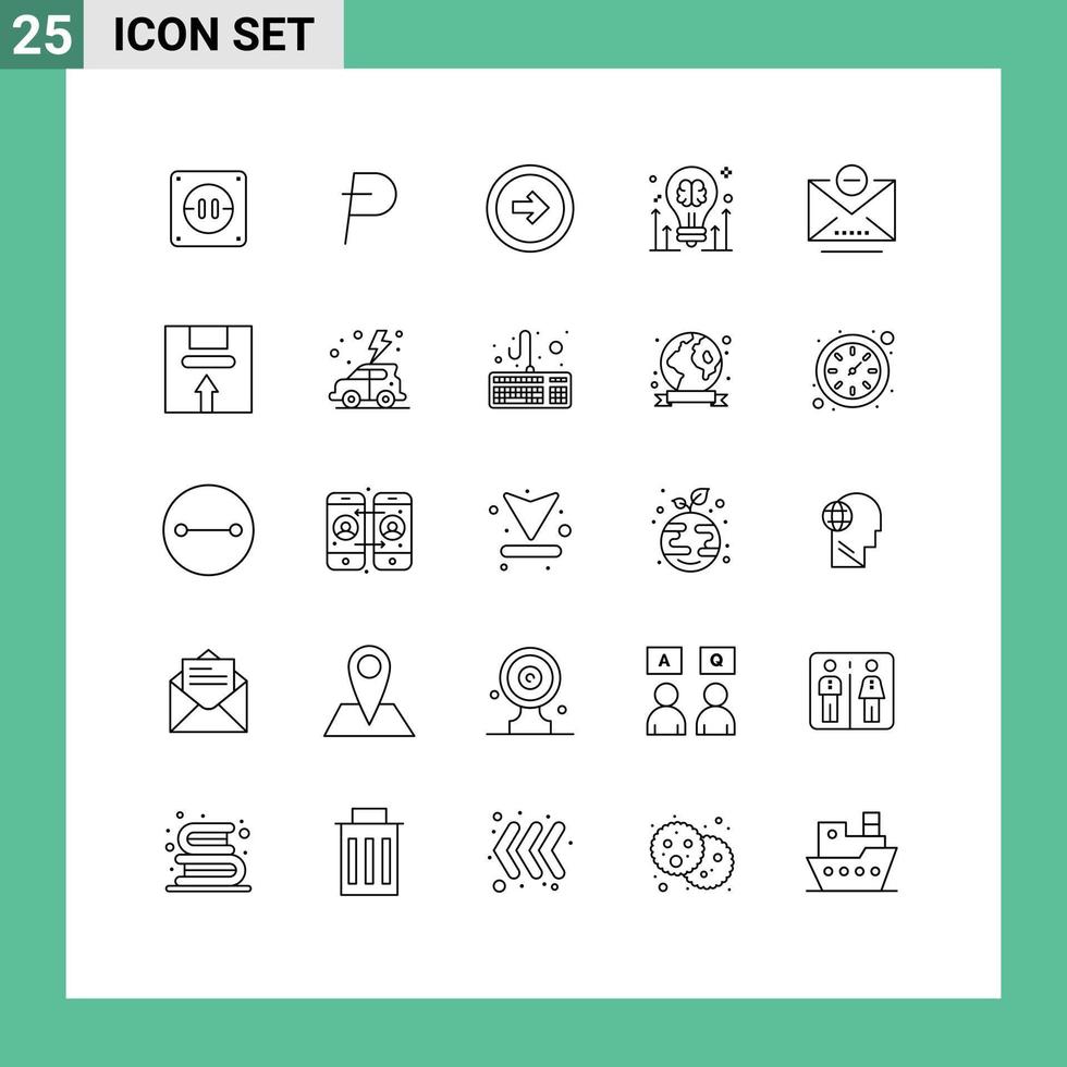 Group of 25 Modern Lines Set for email idea button bulb brain Editable Vector Design Elements