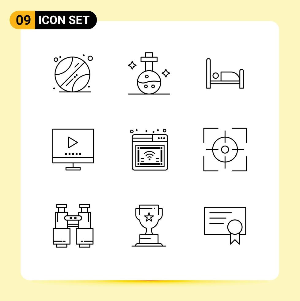 Pictogram Set of 9 Simple Outlines of web internet bed video technology Editable Vector Design Elements