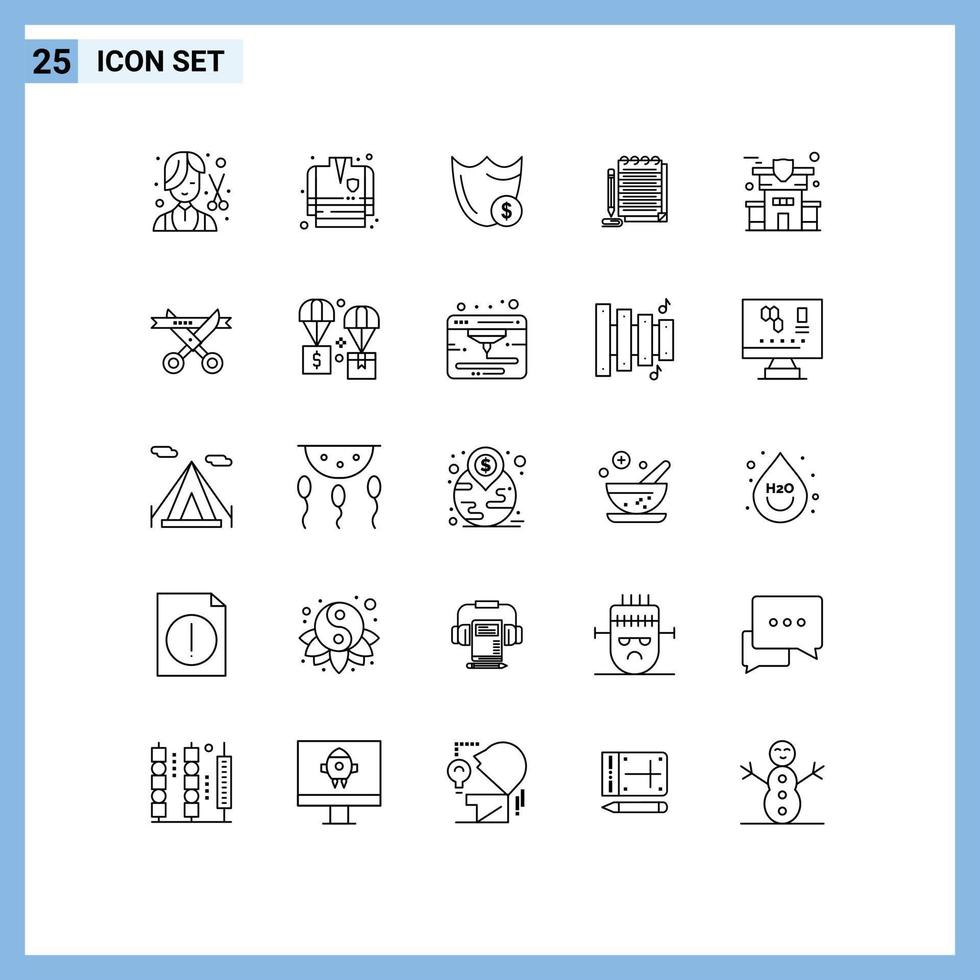User Interface Pack of 25 Basic Lines of novel notebook shield notepad security Editable Vector Design Elements