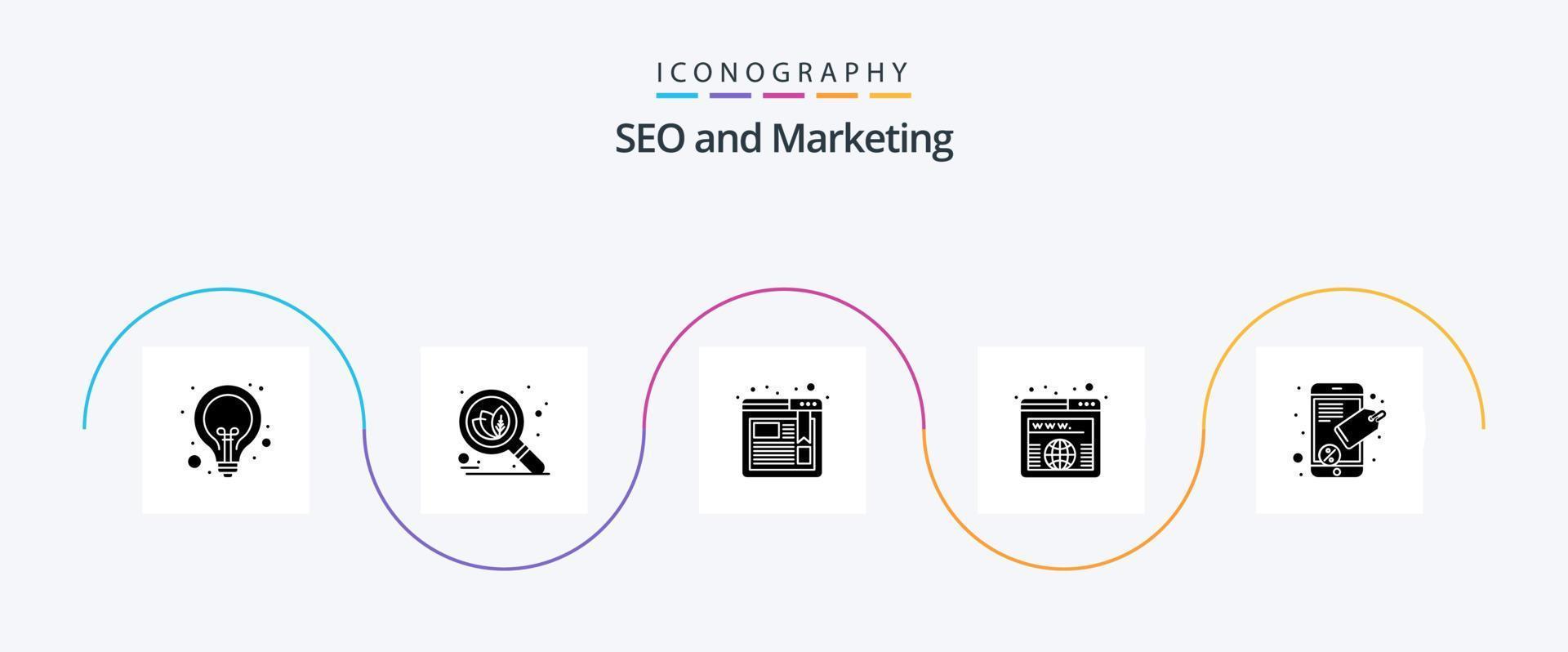 paquete de iconos seo glyph 5 que incluye la etiqueta seo. conectar. marcador. en todo el mundo. dominio vector