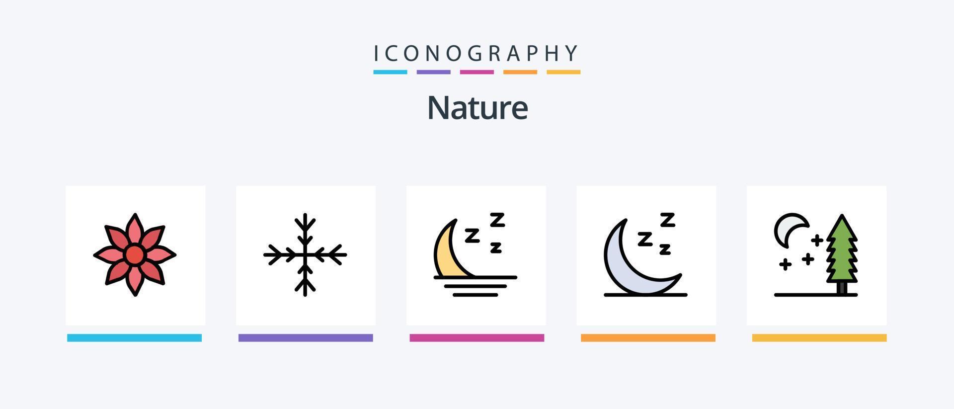 la línea de la naturaleza llenó el paquete de 5 íconos que incluye el espacio. naturaleza. flor. naturaleza. nieve. diseño de iconos creativos vector