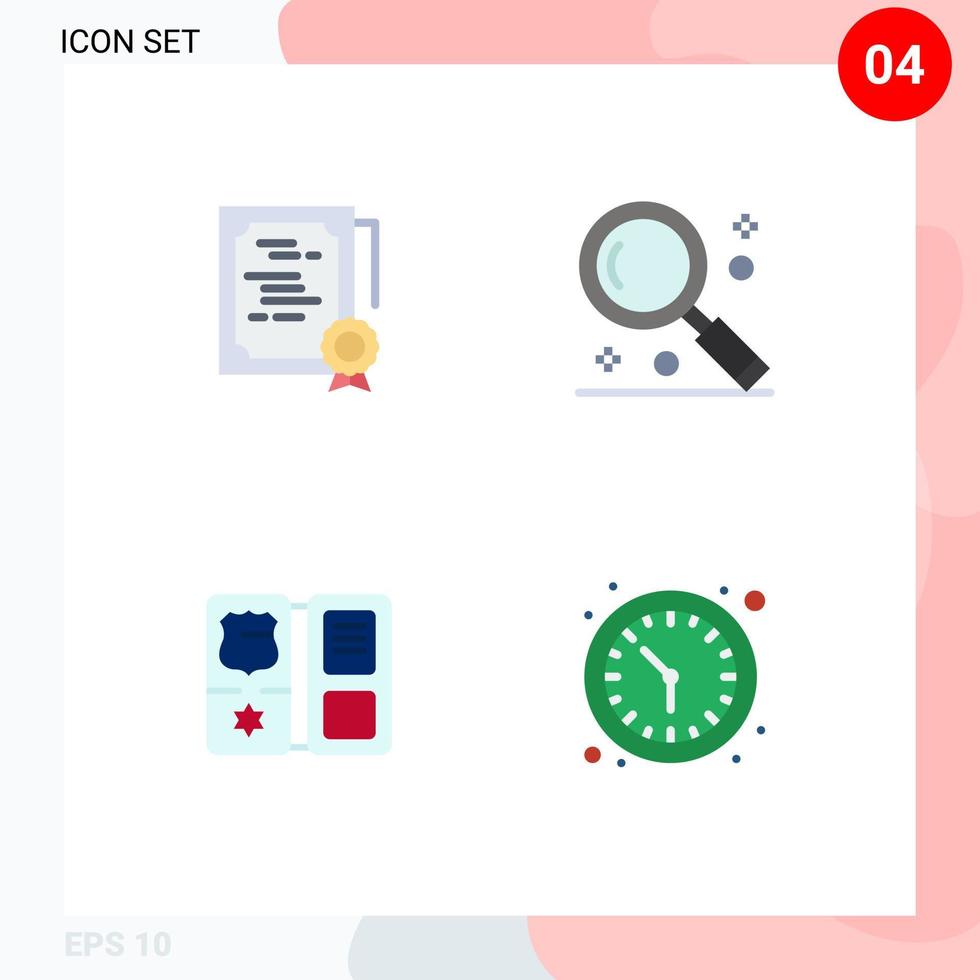 Pack of 4 creative Flat Icons of certificate ui stamp magnifier shield Editable Vector Design Elements