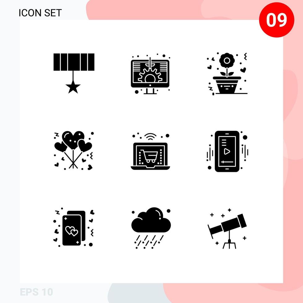 Set of 9 Modern UI Icons Symbols Signs for shopping romance flower love balloons Editable Vector Design Elements