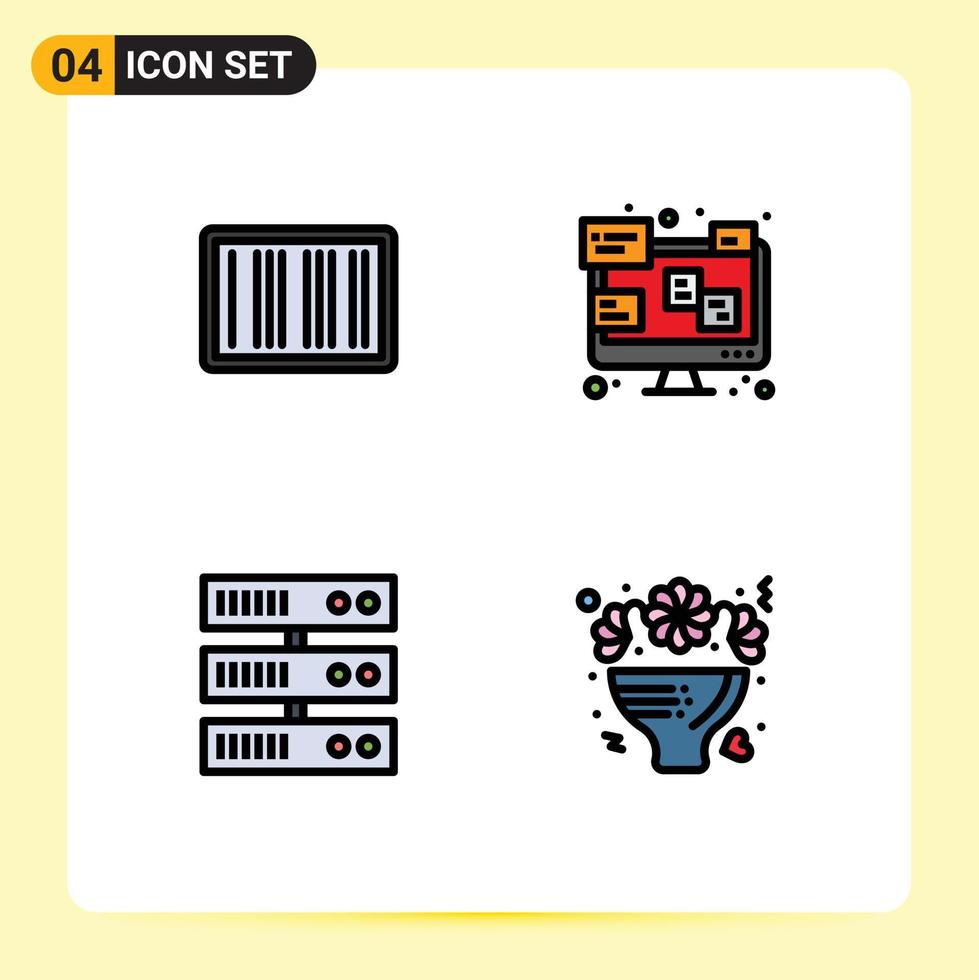4 User Interface Filledline Flat Color Pack of modern Signs and Symbols of barcode datacenter shopping laptop bouquet Editable Vector Design Elements