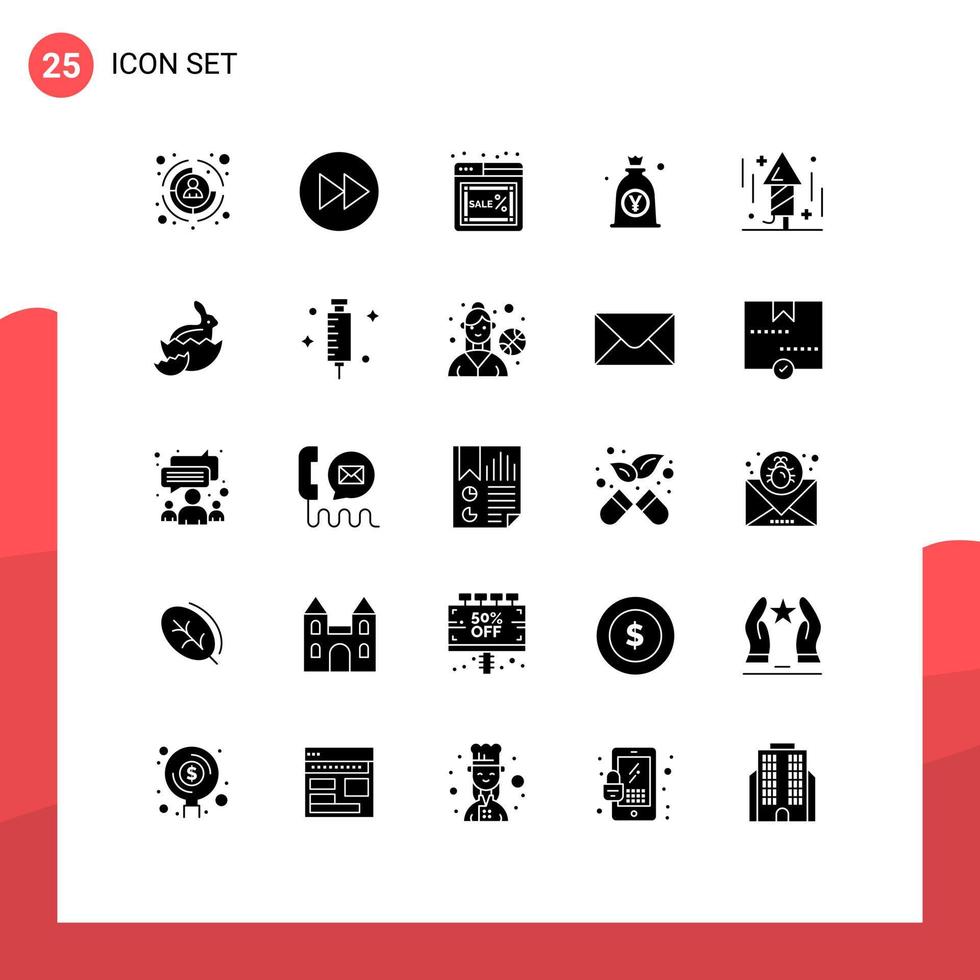Set of 25 Commercial Solid Glyphs pack for money japan music yen online Editable Vector Design Elements