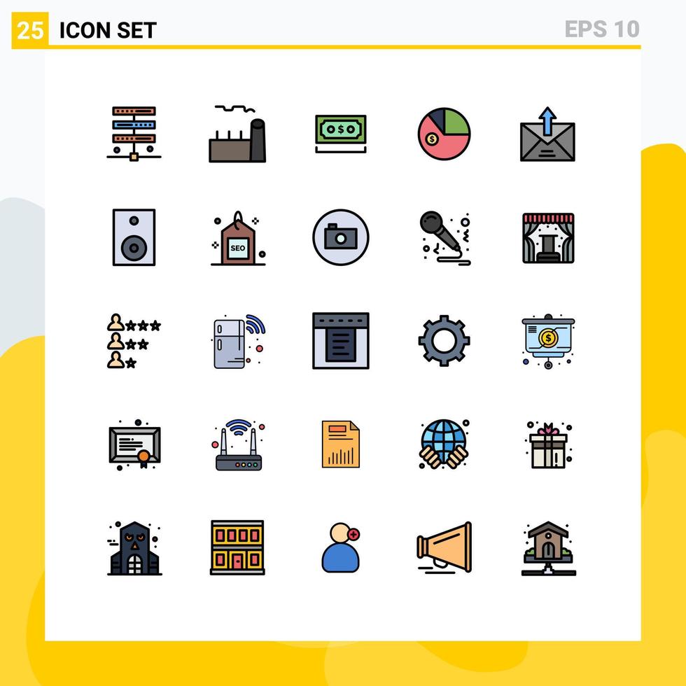 Pack of 25 Modern Filled line Flat Colors Signs and Symbols for Web Print Media such as investment data steam plant analysis currency Editable Vector Design Elements