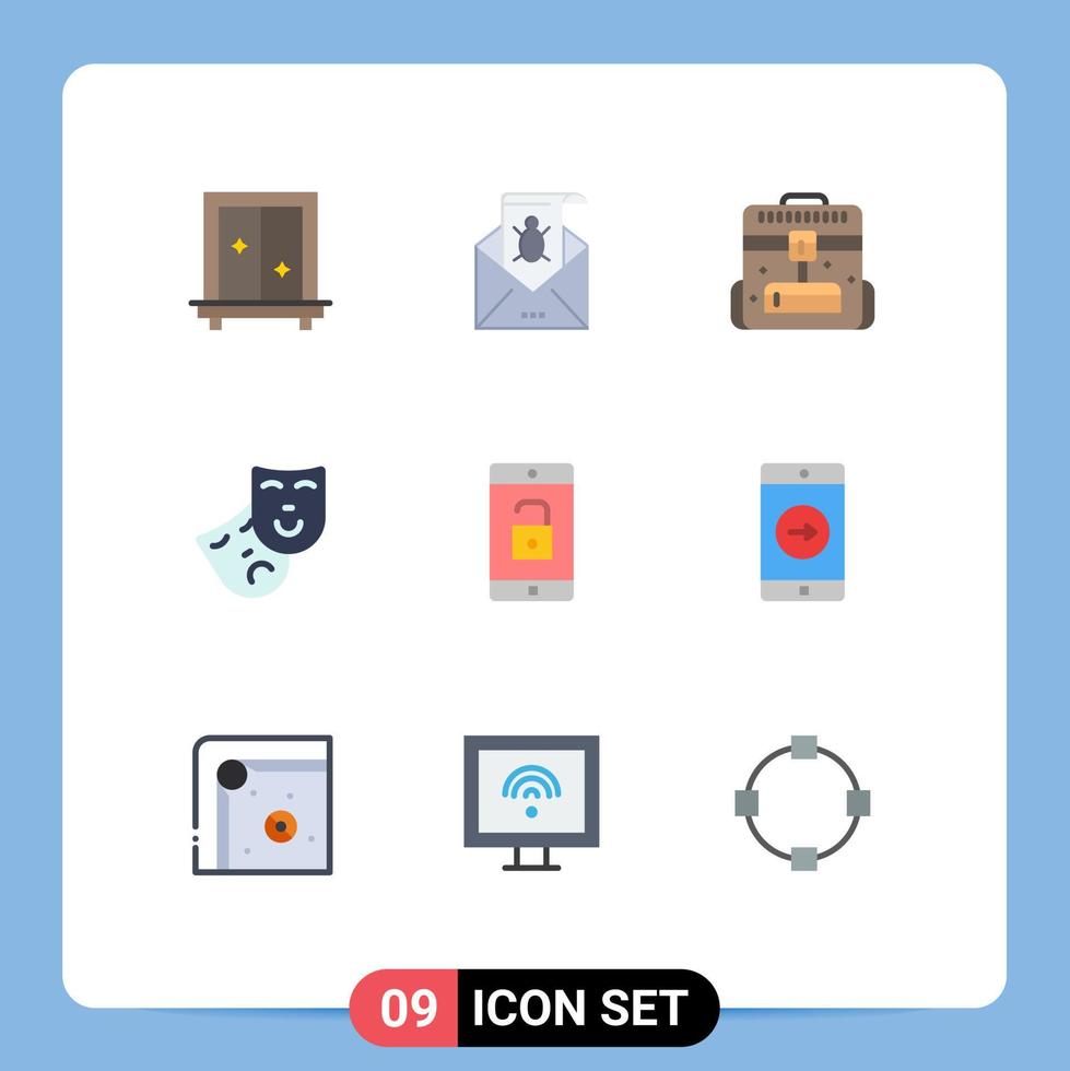 conjunto de pictogramas de 9 colores planos simples de maletín de oficina de malware de viaje de rol elementos de diseño vectorial editables vector