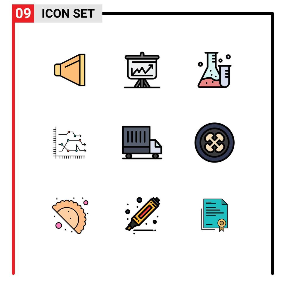 paquete de 9 signos y símbolos de colores planos de línea de llenado modernos para medios de impresión web, como diagrama de tendencias, análisis de gráficos de matraces, elementos de diseño de vectores editables