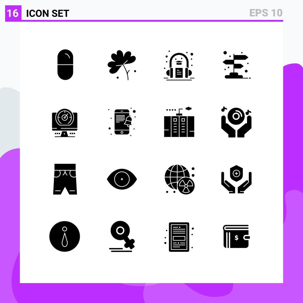 16 signos de glifos sólidos universales símbolos de flecha de ubicación de libro de audio de puntero de computadora elementos de diseño de vector editables