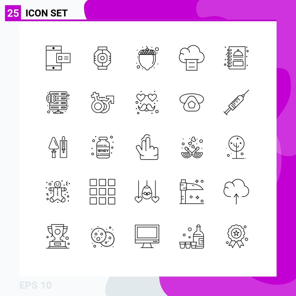 25 Thematic Vector Lines and Editable Symbols of menu book kitchen pod print cloud Editable Vector Design Elements