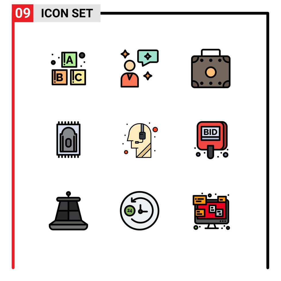 paquete de 9 modernos signos y símbolos de colores planos de línea de relleno para medios de impresión web, como la maleta del centro de llamadas de oferta, asistencia de ayuda, elementos de diseño de vectores editables