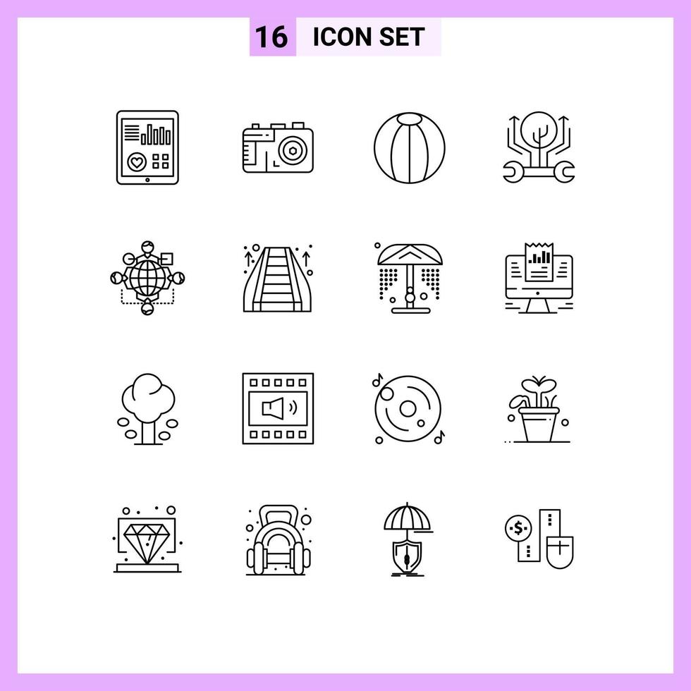 Mobile Interface Outline Set of 16 Pictograms of function hack ball growth development Editable Vector Design Elements
