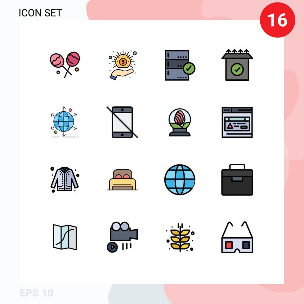 conjunto moderno de 16 líneas y símbolos rellenos de colores planos, como elementos de diseño de vectores creativos editables del producto de configuración de copia de seguridad empresarial neta