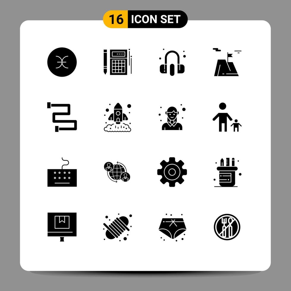 16 Thematic Vector Solid Glyphs and Editable Symbols of land sucess math mountain earphone Editable Vector Design Elements