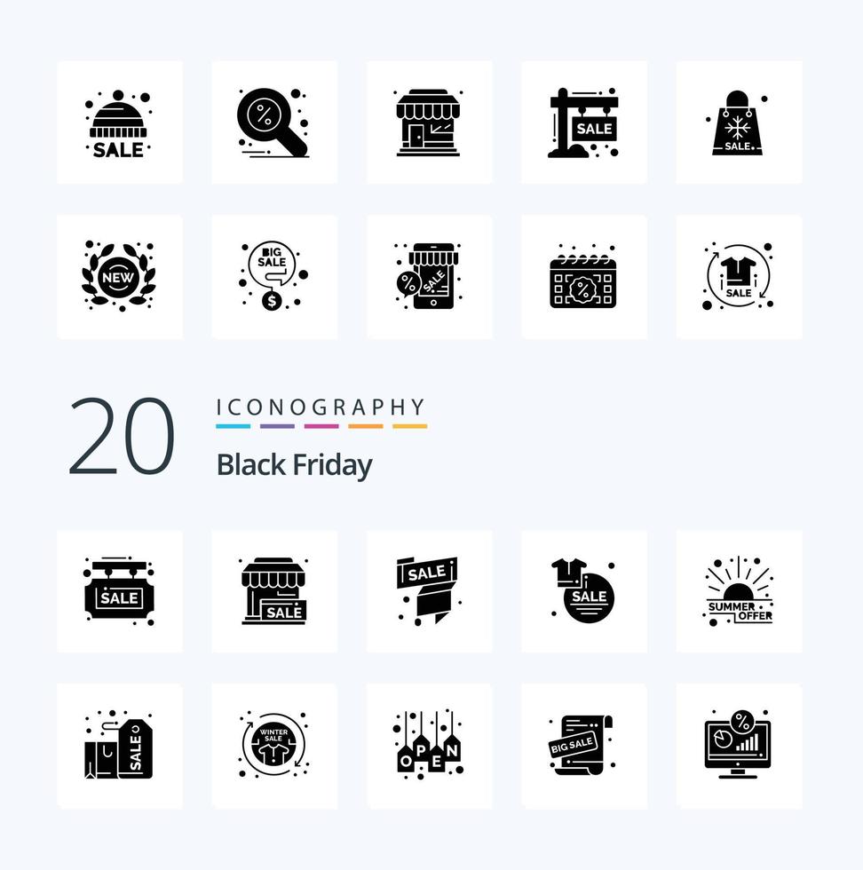 20 Black Friday Solid Glyph icon Pack like fashion clothes store offer sale label vector