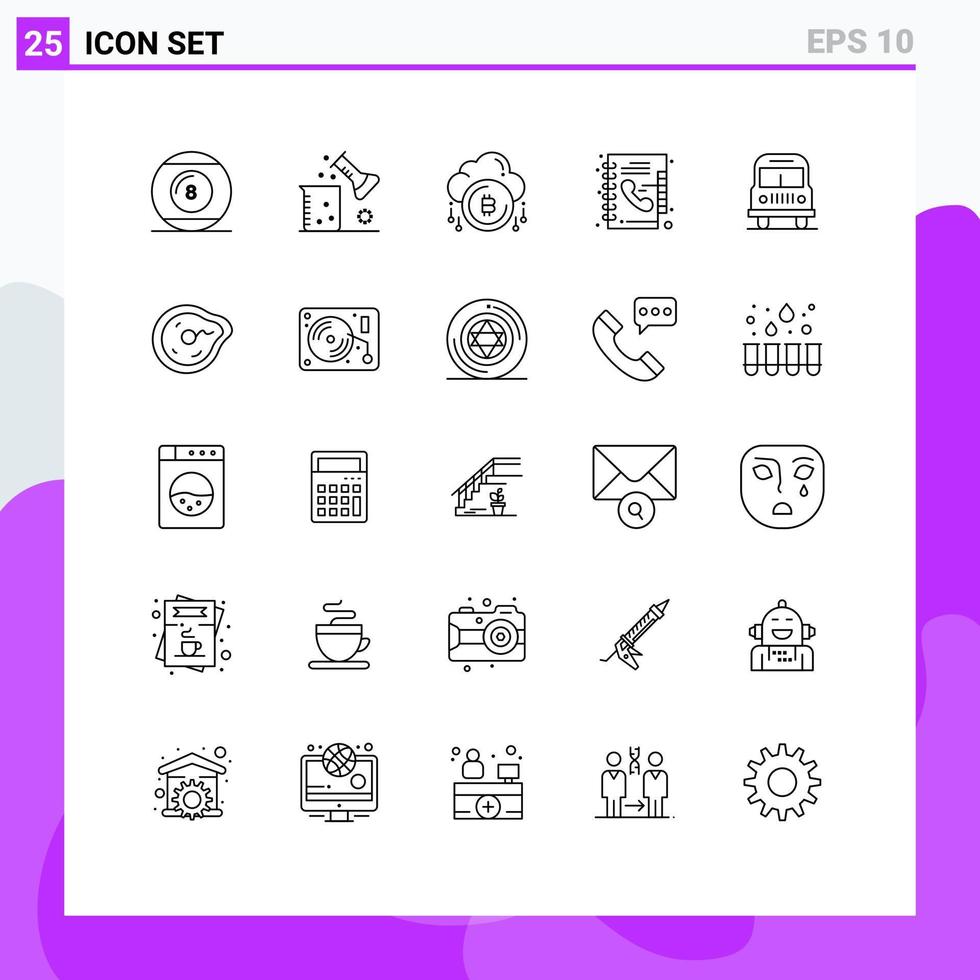 Pictogram Set of 25 Simple Lines of phone book science of matter currency bit Editable Vector Design Elements