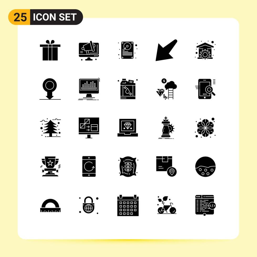 Group of 25 Modern Solid Glyphs Set for tool household hard disc house down Editable Vector Design Elements