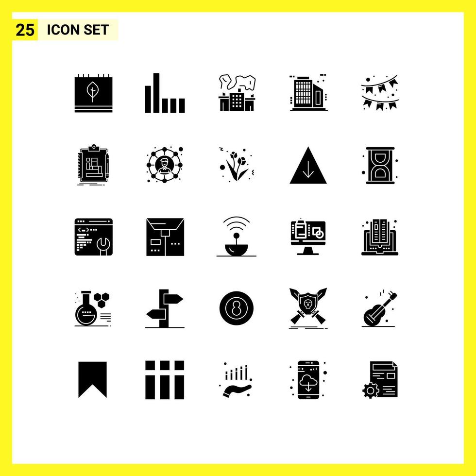 Group of 25 Modern Solid Glyphs Set for ornament celebration factory skyscraper building Editable Vector Design Elements