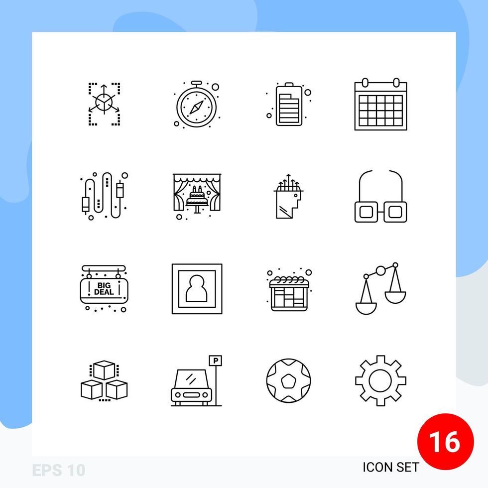 Mobile Interface Outline Set of 16 Pictograms of cable date battery contact us calendar Editable Vector Design Elements