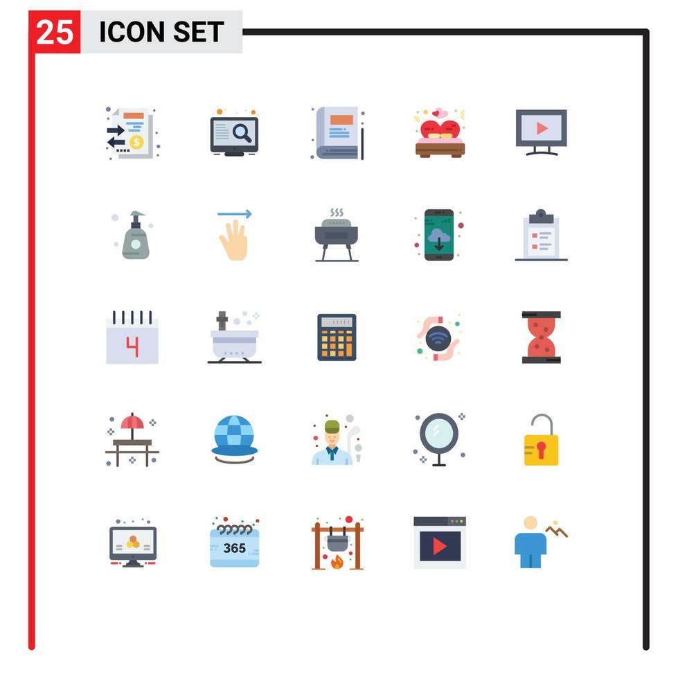 Universal Icon Symbols Group of 25 Modern Flat Colors of video monitor book wedding love Editable Vector Design Elements