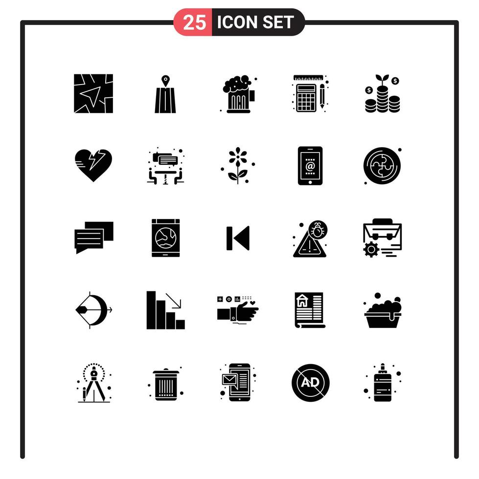 Solid Glyph Pack of 25 Universal Symbols of heart money party investment calculation Editable Vector Design Elements