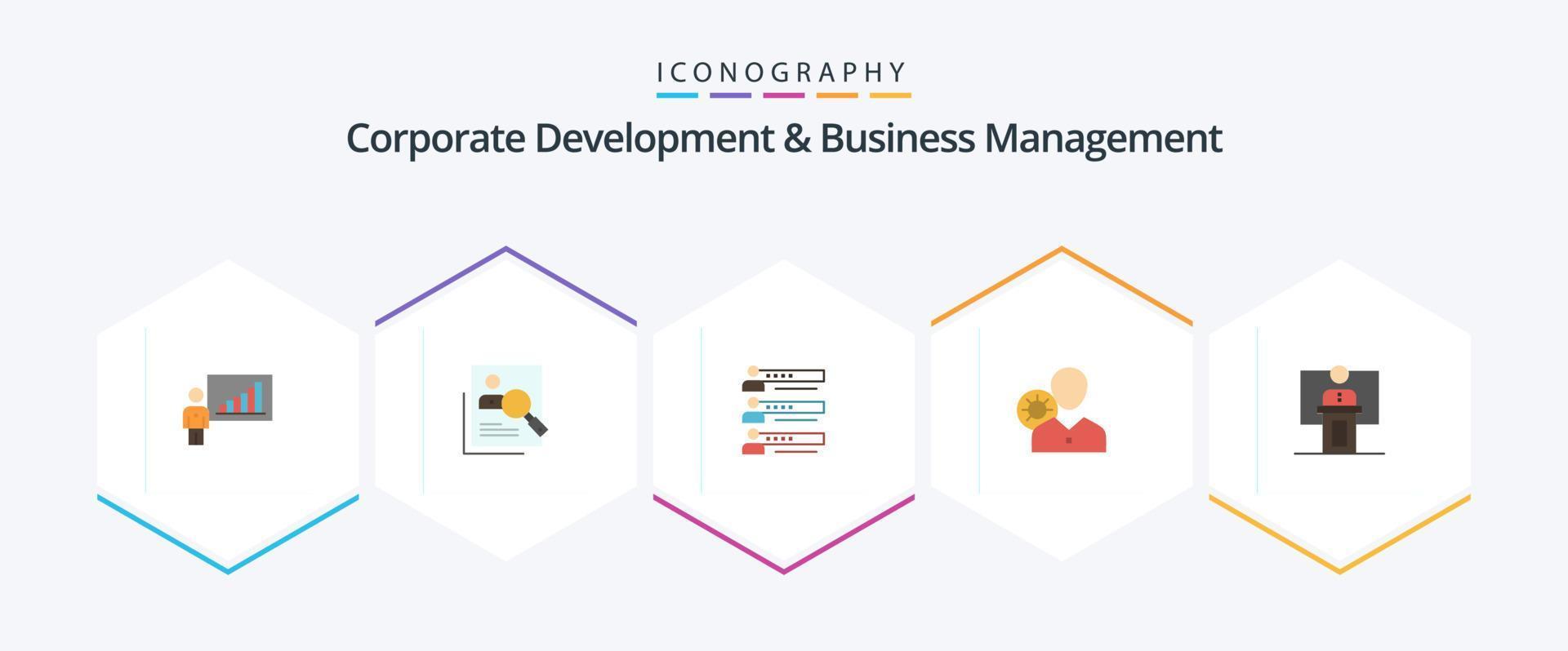 Corporate Development And Business Management 25 Flat icon pack including settings. people. hunting. graphs. search vector