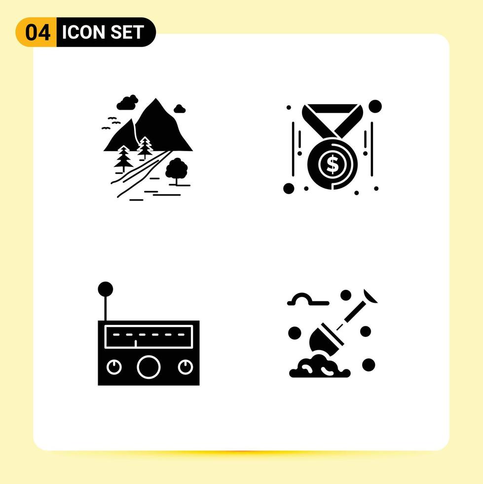 Modern Set of 4 Solid Glyphs Pictograph of rocks device mountain coins music Editable Vector Design Elements