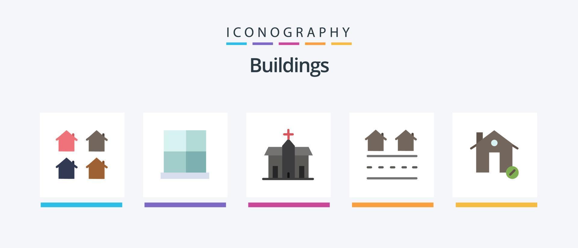 paquete de iconos planos de edificios 5 que incluye vivienda. bienes. casa. monasterio. iglesia. diseño de iconos creativos vector